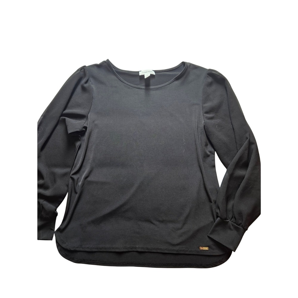 Calvin‎ Klein Womens Black Puff Sheer Sleeve Top Gold Logo Plate Small